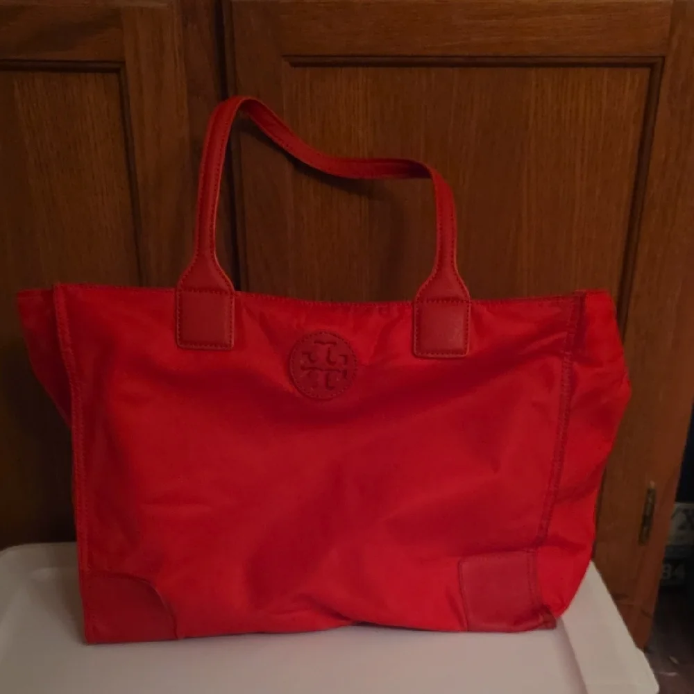 Tory Burch Bright Red Nylon Tote with Leather Trim